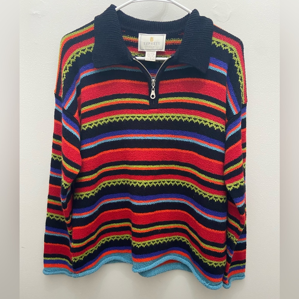 Vintage Express Tricot Sweater Striped Quarter Zip